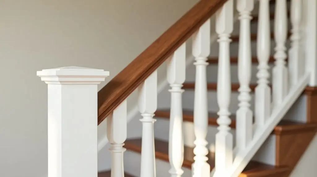 A close-up of freshly painted stair railing and white spindles in a modern interior, showing clean lines and smooth finishes.