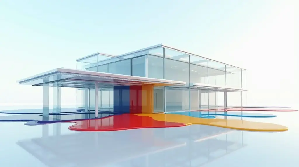 A high-tech transparent house made of glass appears to melt into glossy colored paint pools, symbolizing the impact of exterior painting.