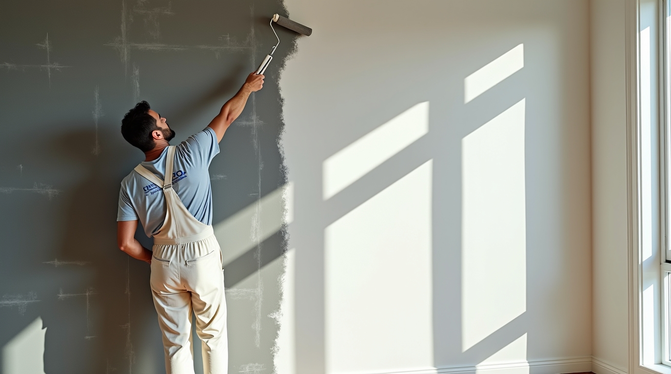 Painter with a long roller painting a white wall next to a dark stone-textured accent wall in a luxurious modern living room with high ceilings and large windows