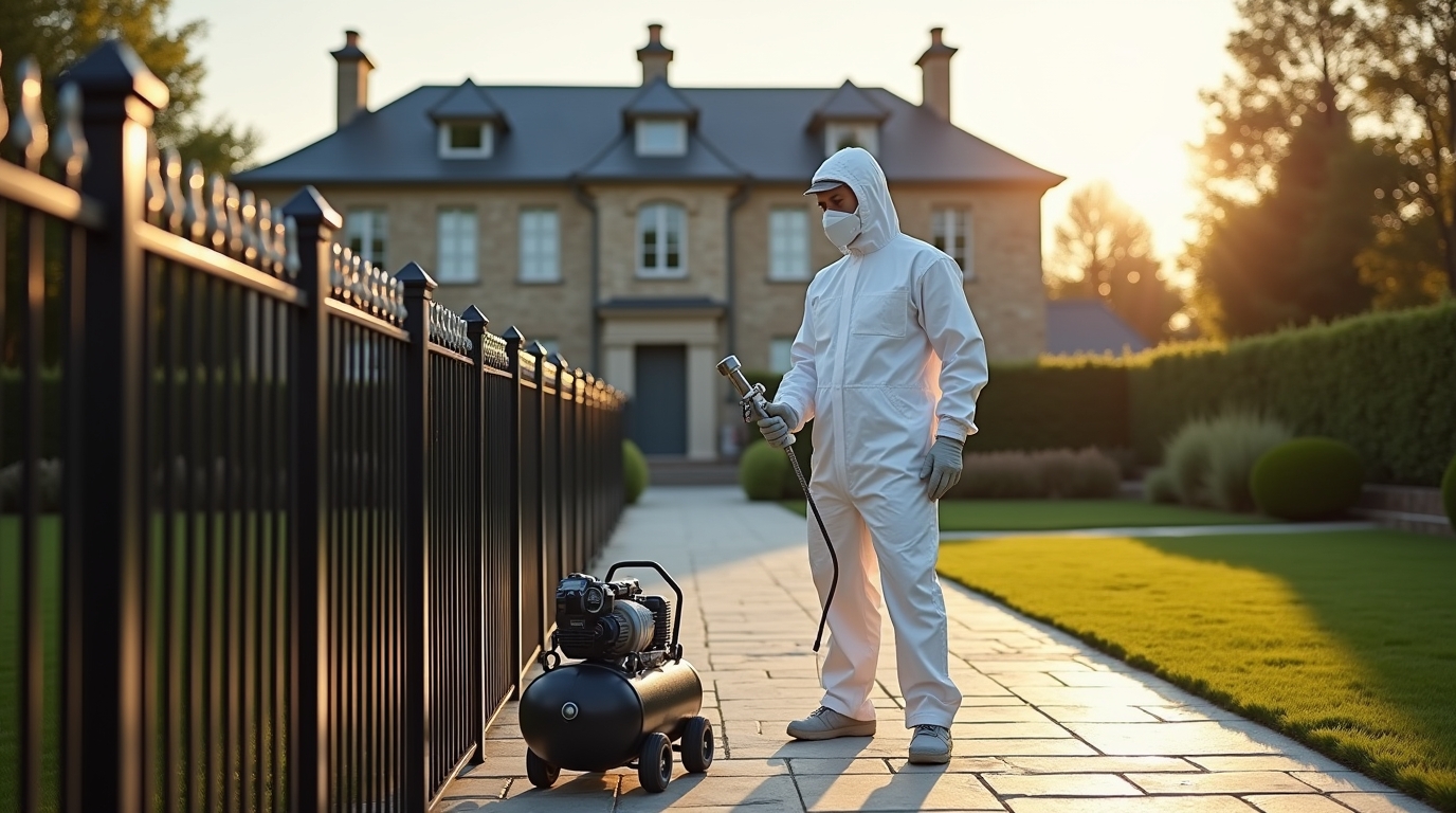 Painter in protective suit spray-painting a black metal fence in front of a luxury countryside home with stone walls and landscaped garden