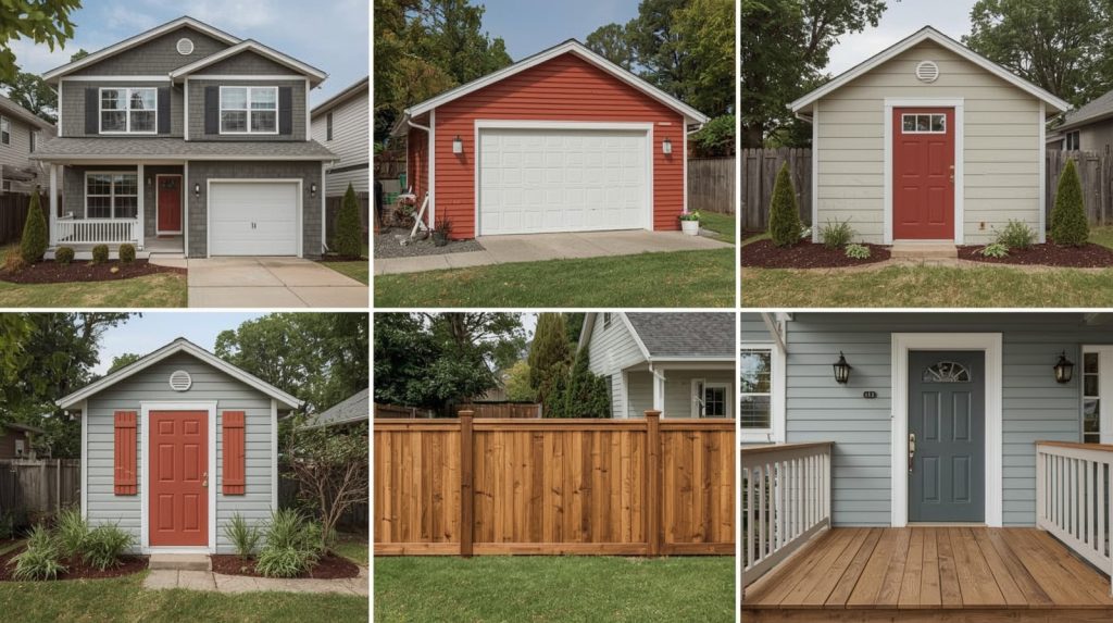 Minimalist icon set showing different outdoor painting zones: house, garage, shed, deck, fence, and shutters. Flat monochrome style.