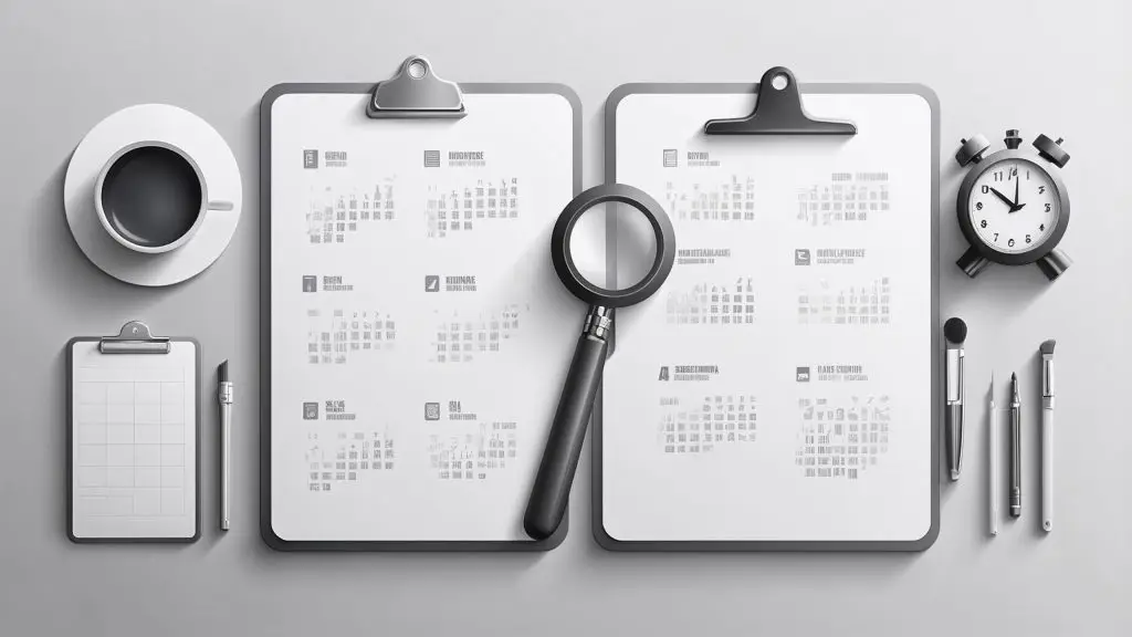 Grid of six minimalist grayscale icons on a white background, representing flexible scheduling and flawless painting: a calendar with a checkmark, a flexible-clock, a hand holding a stopwatch, a magnifying glass inspecting paint, a clipboard checklist, and a paint roller leaving a perfect stroke.