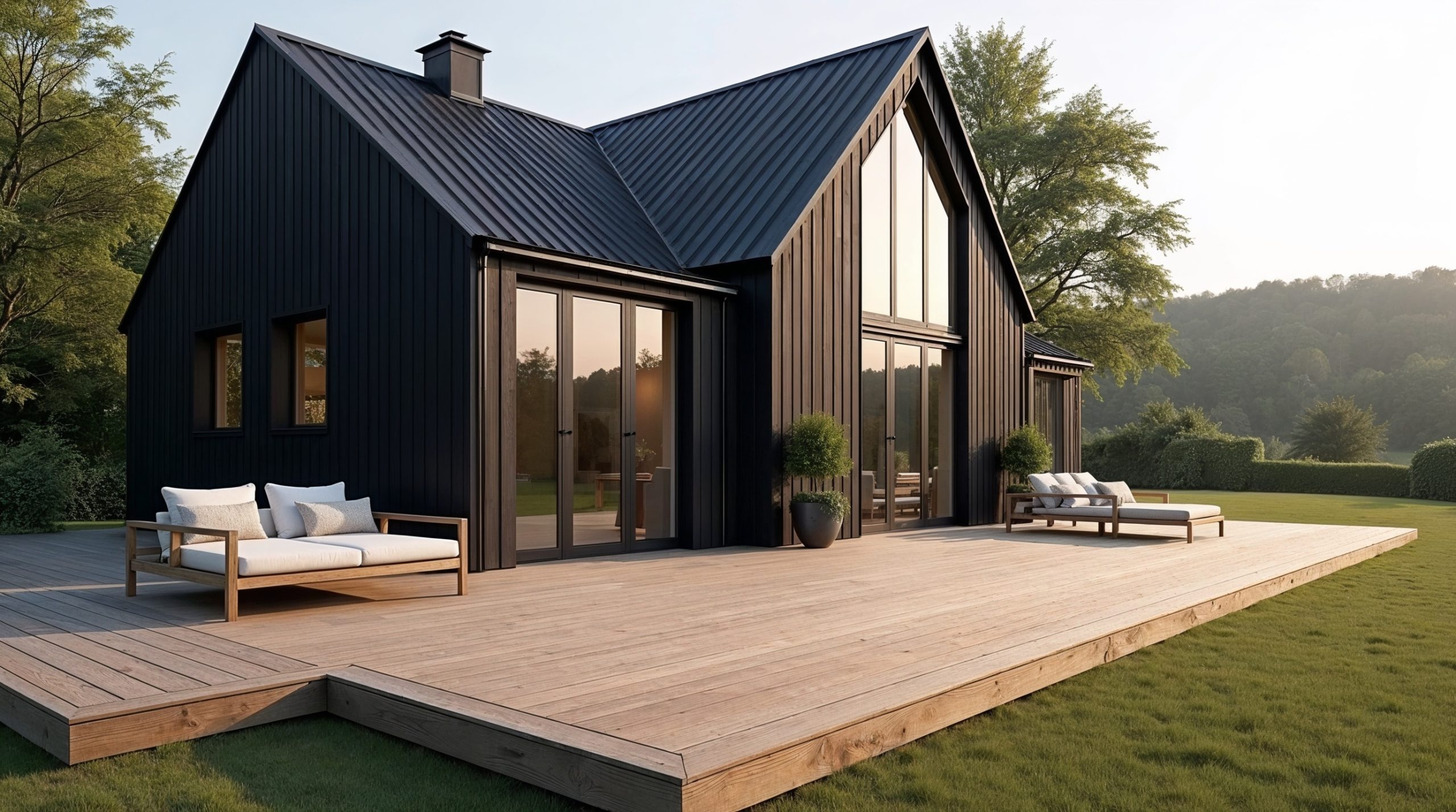 Stylish wooden deck with natural planks and designer furniture in front of a black barn-style luxury house with large windows and a scenic green backdrop