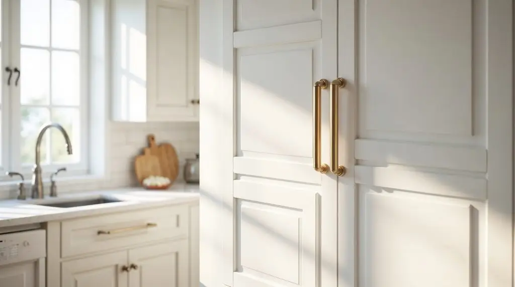 A bright modern kitchen with freshly painted cabinet doors in matte white, showing clean lines, updated handles, and soft natural lighting.