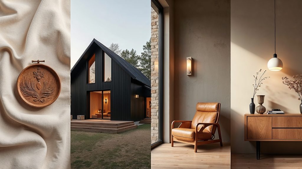 Vertical photo divided into four sections: a person in a modern Ukrainian embroidered shirt, a luxury barn-style home exterior, custom designer furniture, and soft ambient lighting on a textured wall - all in warm natural tones