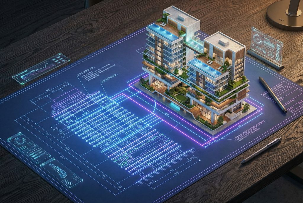 Architectural blueprint with a 3D rendered building model rising from the plans.