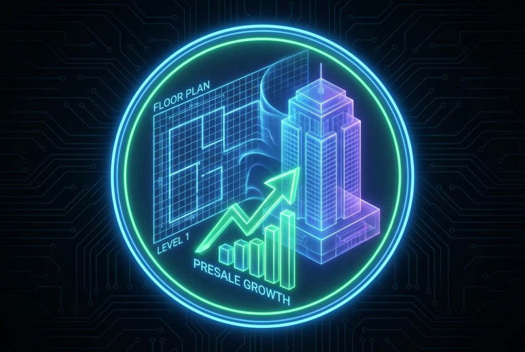 Tech-style glass blueprint icon with a building silhouette and glowing teal borders for property developer marketing