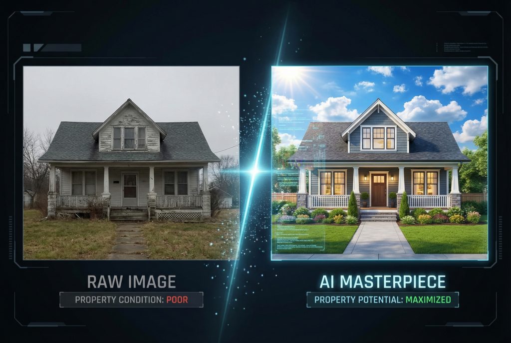 Comparison of a raw property photo and an AI-enhanced high-quality real estate image with a glowing scan line.