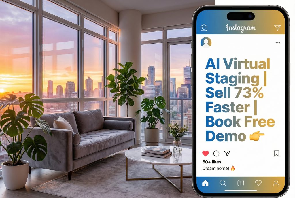 Social media ad mockup with AI virtual staging of modern Toronto loft living room, Instagram frame, likes and 'Sell Faster' call-to-action for real estate marketing