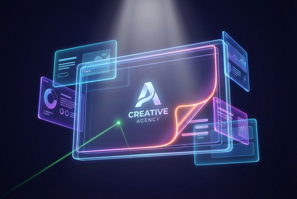 Futuristic glass icon of stacked presentation slides with holographic highlights for creative agency pitch decks