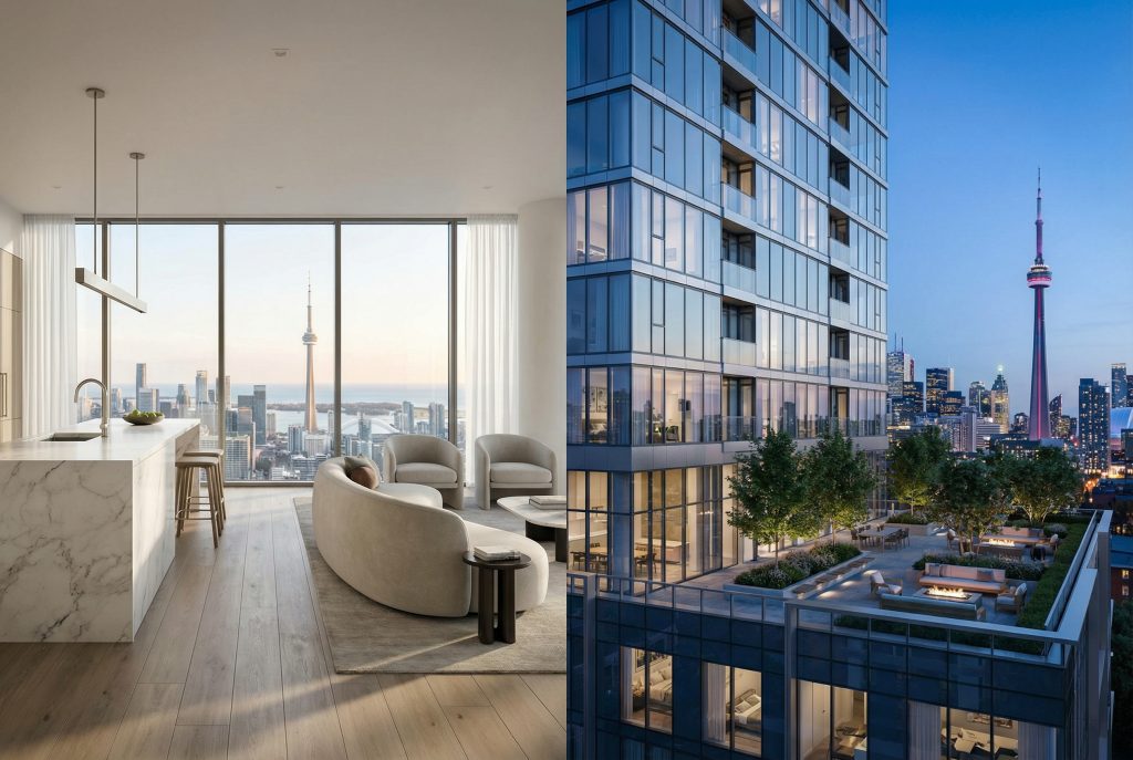 Photorealistic CGI render split-view: modern Toronto condo interior kitchen and high-rise building exterior for real estate architecture marketing