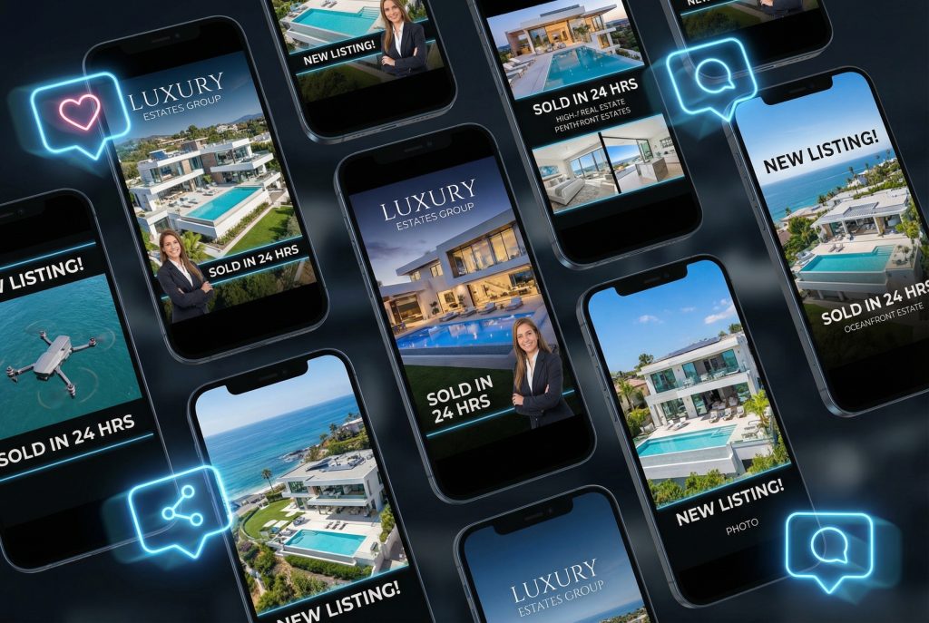 Floating social media screens displaying real estate ads and engagement icons on a dark background.