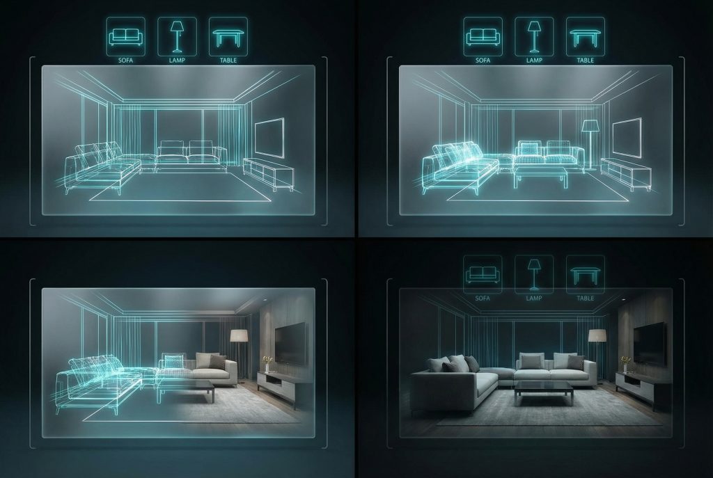 3D wireframe sketch of a room transitioning into a fully furnished virtually staged interior