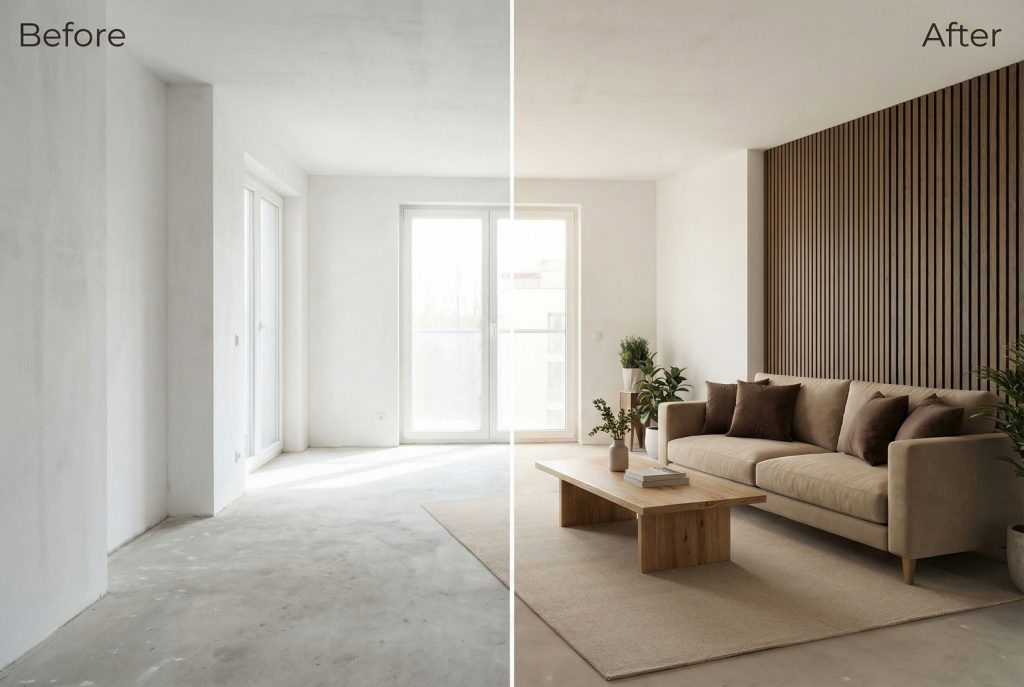 AI virtual staging example: empty modern condo living room furnished with luxury sofa, coffee table and skyline view for Toronto real estate marketing