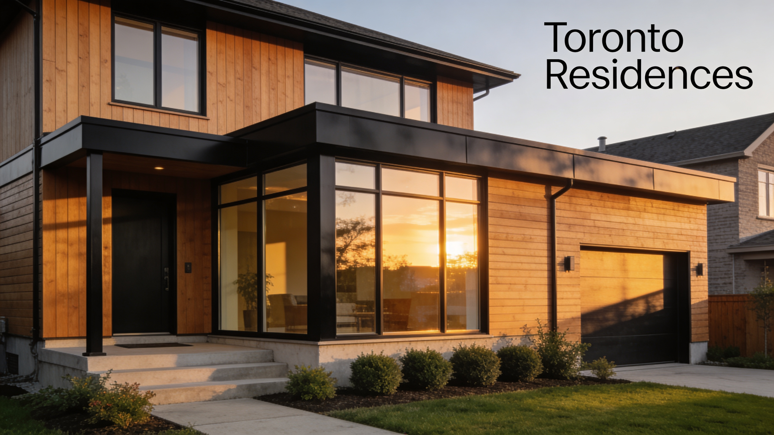 Photorealistic AI render of modern Toronto two-storey house exterior with wood cladding and large windows, golden hour lighting by GNI Studio