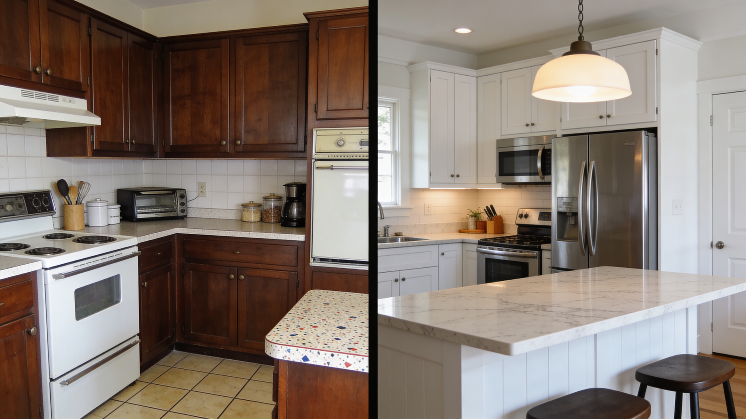 Split-screen before and after kitchen renovation visualization, modern white cabinetry transformation by GNI Studio