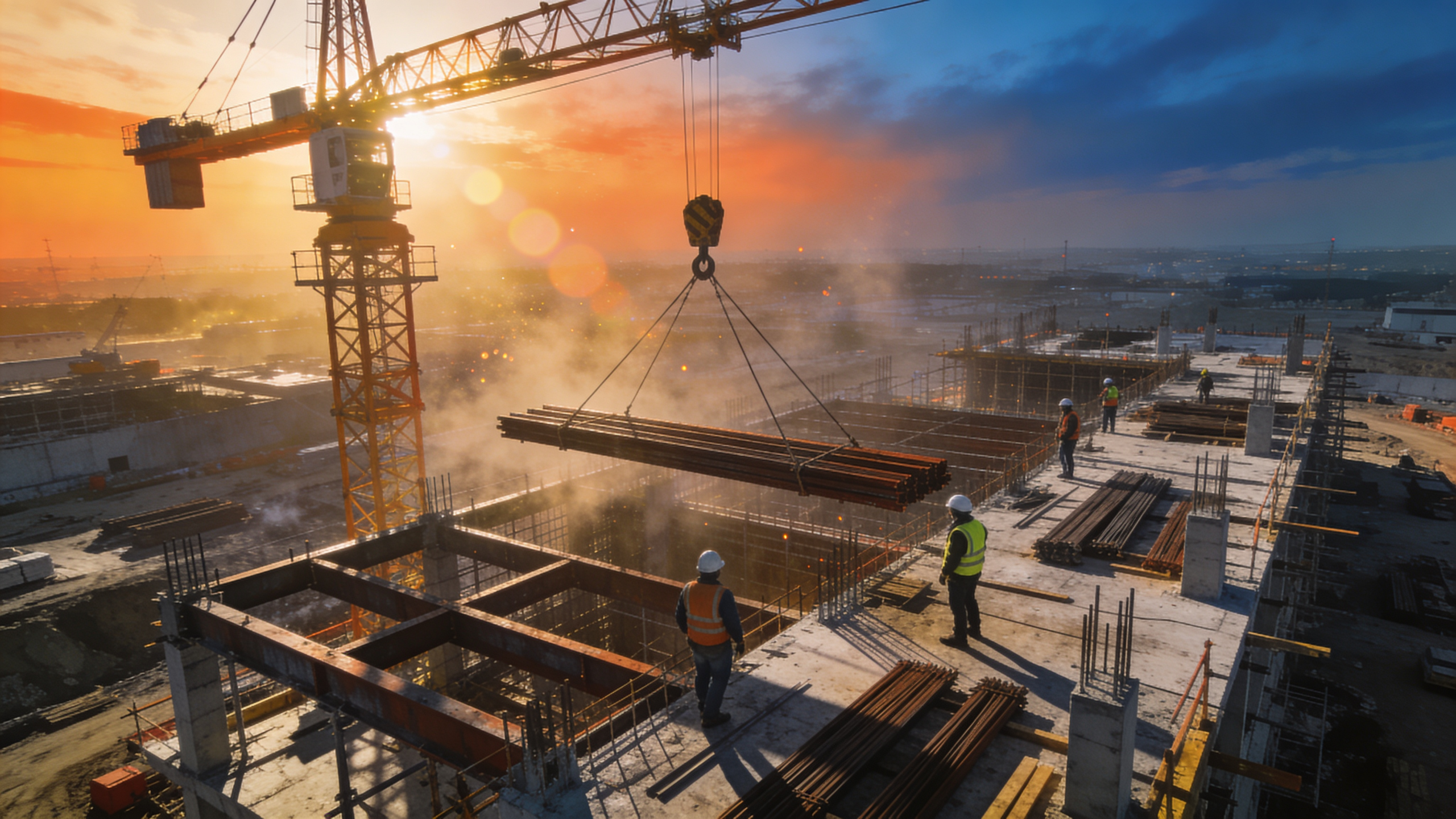 Cinematic construction promo video thumbnail showing crane lift and workers on Toronto high-rise site by GNI Studio