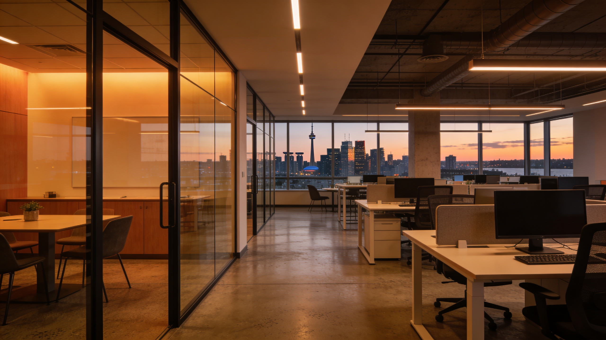 Modern open-concept office interior 3D render with glass walls and Toronto skyline view by GNI Studio