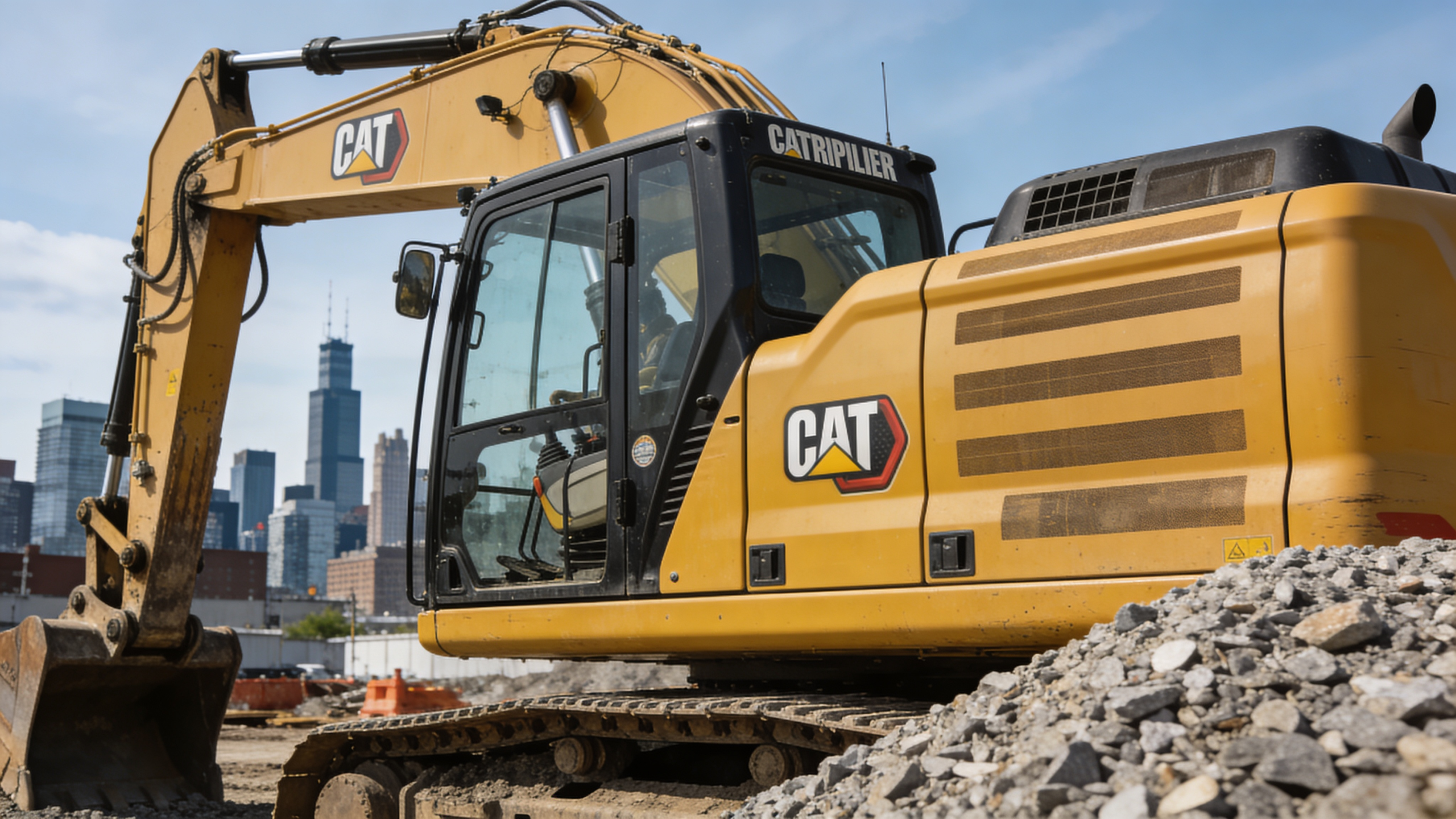 Photorealistic excavator render on construction site with Toronto skyline, equipment marketing visualization by GNI Studio